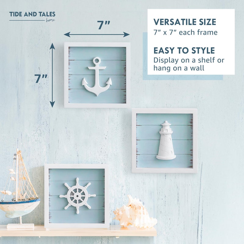 Tide and Tales TideAndTales 3D Nautical Wall Decor (7"x7"), Coastal Theme Home Decorations with Anchor, Lighthouse and Ship Wheel, Rustic Ocean Inspired Bathroom Decor - Nautical Gifts - Framed Set of 3 - Image 3